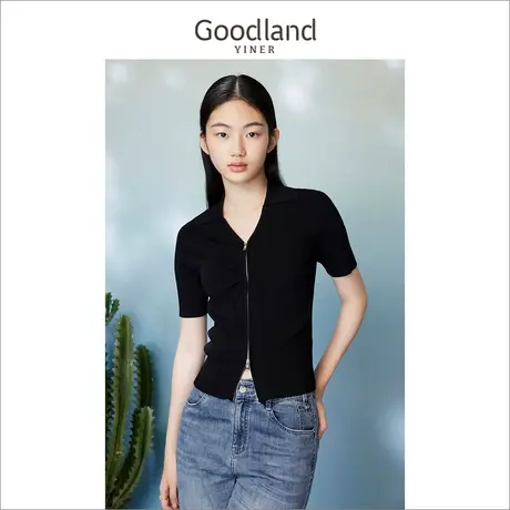 Goodland美地女装2023夏季拉链海鸥v领领针织衫衫短款外套商品大图