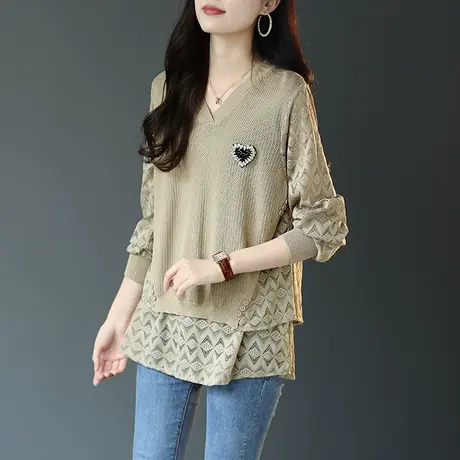 宝诗黎镂空蕾丝春季针织拼接上衣2024时尚长袖内搭V领衬衫女新款图片