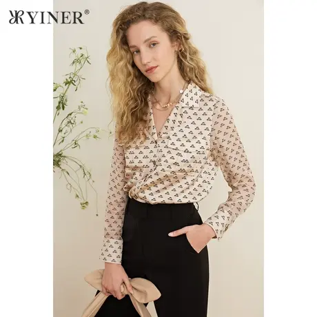 YINER音儿女装夏季西装领印花显瘦桑蚕丝衬衫商品大图