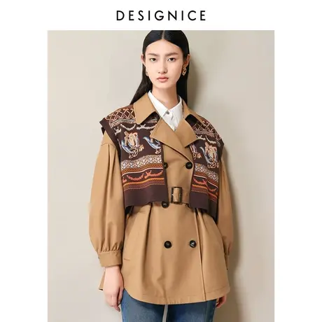 商场同款迪赛尼斯秋复古风设计感时尚一手中长款卡其风衣外套女商品大图