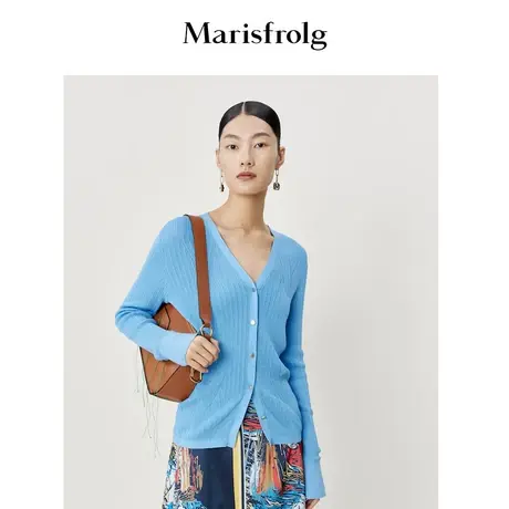 【桑蚕丝星月蓝】玛丝菲尔春季新款V领蓝色毛针织开衫薄款商品大图