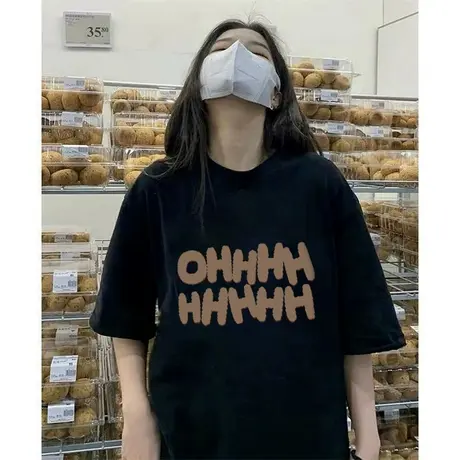 黑色短袖t恤女夏季2023新款美式复古半袖圆领宽松设计感小众上衣商品大图