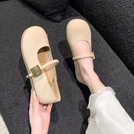 杏色玛丽珍鞋女鞋2024年春季新款圆头软底软面一字带浅口法式单鞋商品大图