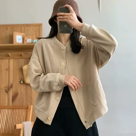 dza 复古短款纯棉棒球服女2024春季新款宽松休闲女士外套长袖上衣图片