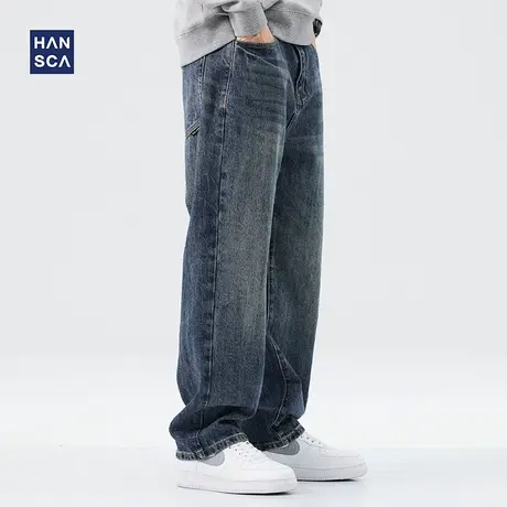 hansca直筒牛仔裤男秋冬美式高街复古水洗宽松休闲大码阔腿长裤子商品大图