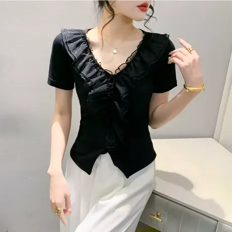 欧货性感拼接V领T恤女短袖洋气百搭网纱小衫时尚木耳边开叉上衣潮商品大图
