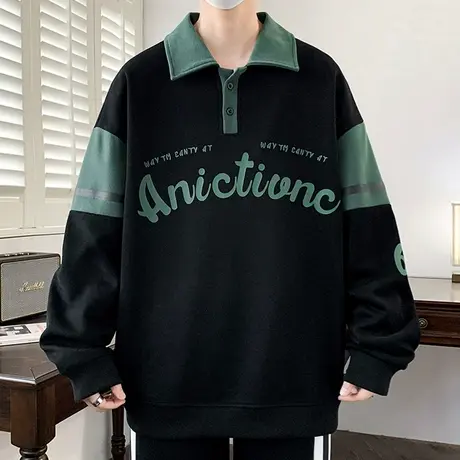 美式卫衣男春秋款字母印花polo衫外套青少年潮牌帅气翻领男装上衣商品大图