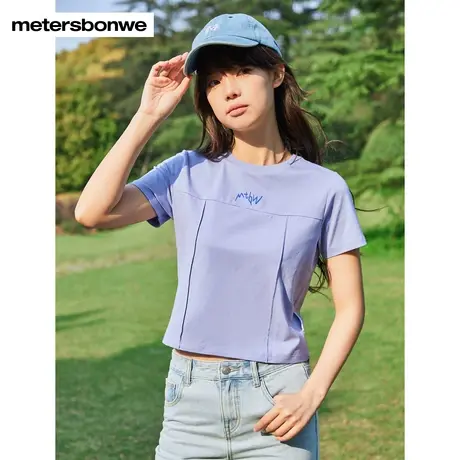国货美特斯邦威水彩分割短袖T恤女时尚甜美夏季罗纹领口修身T恤商品大图