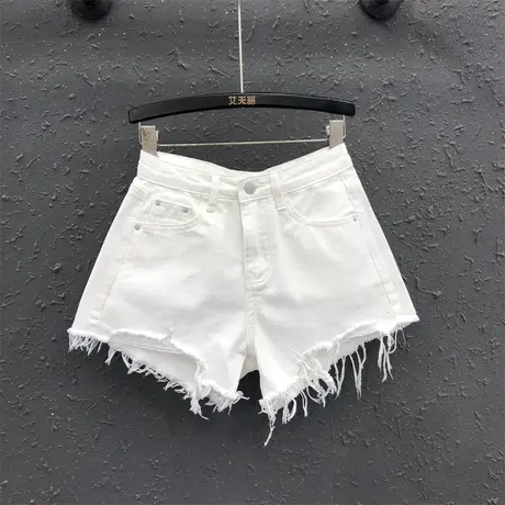 欧货韩版阔腿裤女2024春夏新款白色个性贴布毛边宽松百搭牛仔短裤商品大图