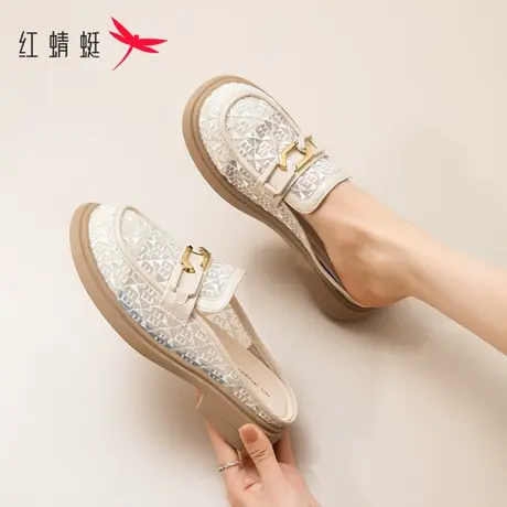 红蜻蜓半拖鞋女新款2023夏季外穿包头拖鞋粗跟穆勒鞋网纱乐福鞋女商品大图