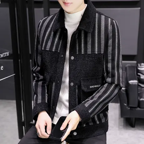 秋冬季韩版潮流修身加厚冬装呢子夹克男士潮牌条纹ins金貂绒外套商品大图