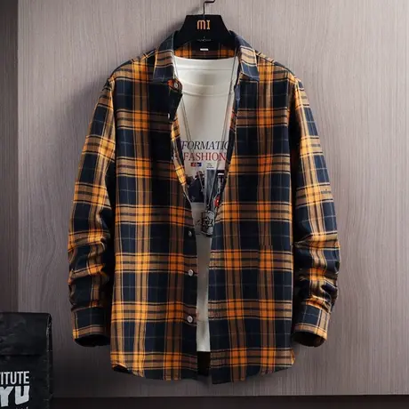 日系长袖衬衫男士休闲上衣青少年春秋季棉感格子衬衣潮牌ins外套商品大图