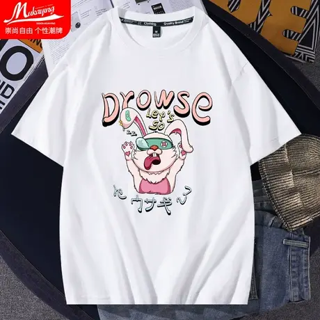 日系卡通兔子短袖t恤男夏季ins纯棉宽松圆领情侣装青少年潮流半袖图片