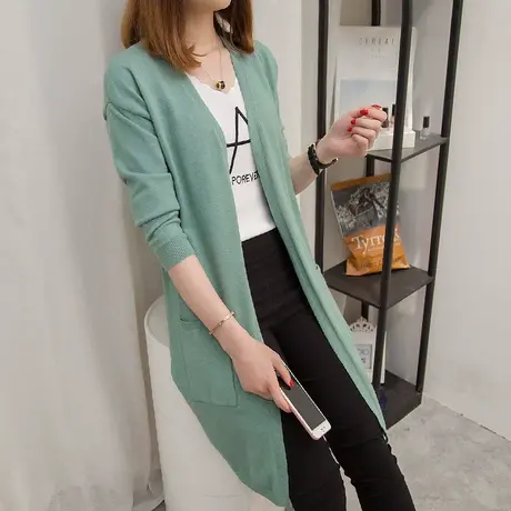 开衫毛衣宽松外套女针织中长款秋装女2023年新款V领纯色女士外搭商品大图