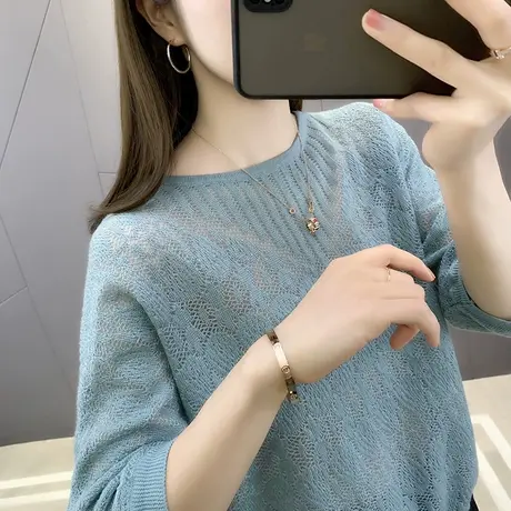 冰丝针织衫女夏季2022年新款女镂空欧根纱上衣女春秋宽松外穿薄款图片