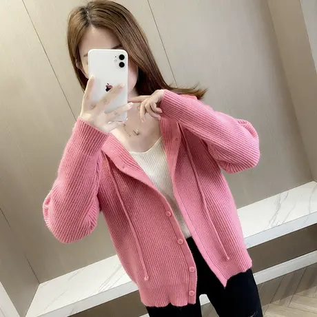 秋装新款针织开衫女士宽松连帽毛衣外套春秋季上衣慵懒风外搭图片