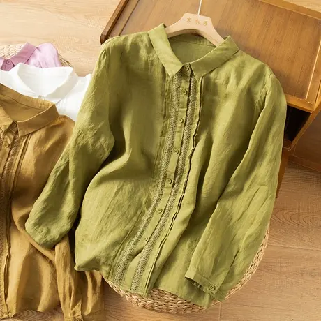 享永子刺绣宽松苎麻衬衫女文艺复古宽松显瘦百搭上衣2023春夏新款商品大图