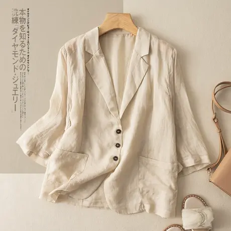 享永子七分袖苎麻西装外套女夏季薄款棉麻小西服宽松显瘦2023新款图片