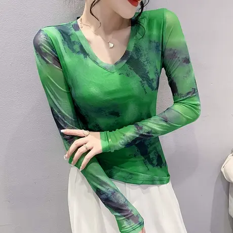 晕染打底衫女春秋2023新款时尚性感V领长袖T恤欧货修身网纱上衣潮商品大图