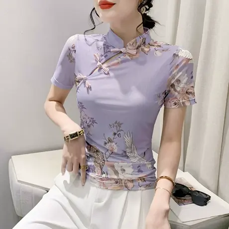 时尚盘扣短袖T恤女复古国风夏装设计感小众改良上衣网纱印花小衫商品大图