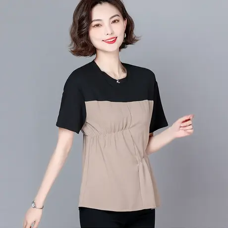 2023夏季新款时尚别致雪纺拼接短袖T恤女宽松褶皱洋气百搭女上衣商品大图
