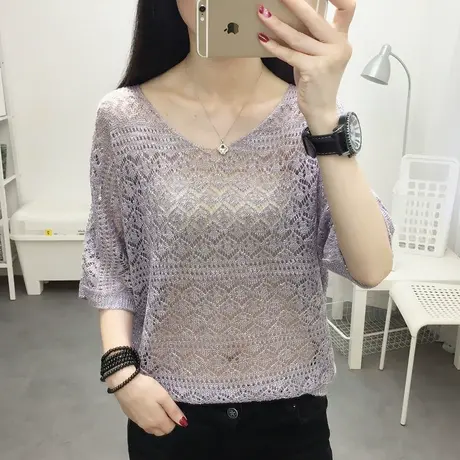 v领冰丝针织衫女套头上衣宽松韩版百搭蝙蝠衫短款镂空罩衫夏薄潮商品大图