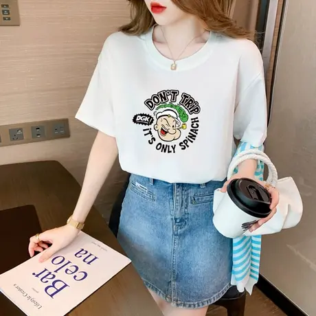 白色短袖t恤女夏装2023新款宽松纯棉百搭半袖圆领印花体恤上衣ins商品大图