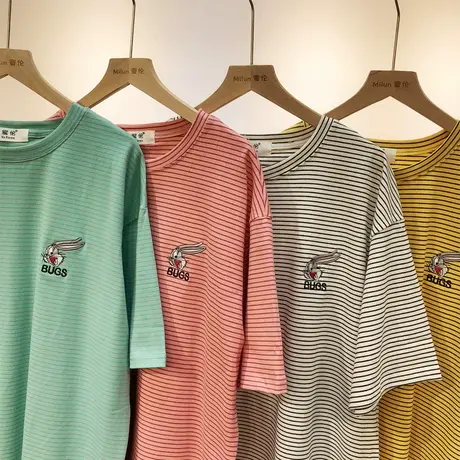 2020夏季新款韩国东大门ins兔子宽松条纹短袖T恤闺蜜姐妹装大码商品大图