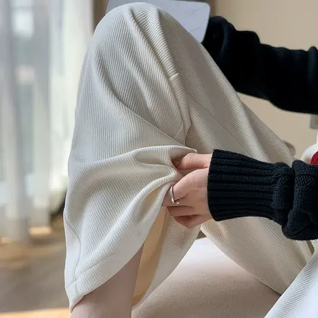 米白色灯芯绒阔腿裤女春秋新款高腰垂感直筒宽松双腰条绒休闲长裤商品大图