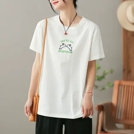 dza文艺字母纯棉女T恤2023夏季新款白色短袖体恤休闲宽松打底上衣商品大图