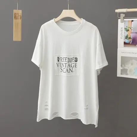 2023新款夏季破洞纯棉白色T恤女短袖宽松圆领上衣百搭体恤小衫t恤图片