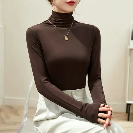 春装薄款高领打底衫女莫代尔内搭长袖t恤修身堆堆领咖色上衣小衫商品大图