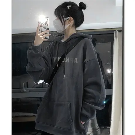 oversize连帽卫衣女秋冬加绒加厚小众设计高级感上衣美式复古外套商品大图