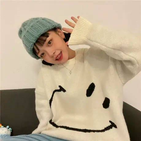 红续2023早春新款笑脸小众设计感慵懒风宽松套头毛衣针织衫外套女图片