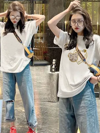 仿棉短袖t恤女2023新款夏季小众设计感港味chic胖mm大码女装上衣图片