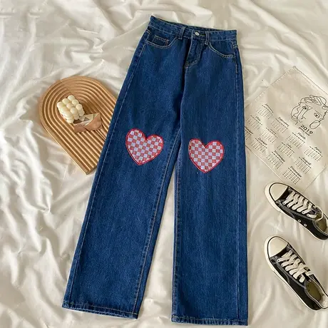 牛仔裤女2023秋春新款爱心格子设计感小众宽松百搭高街ins潮裤子图片