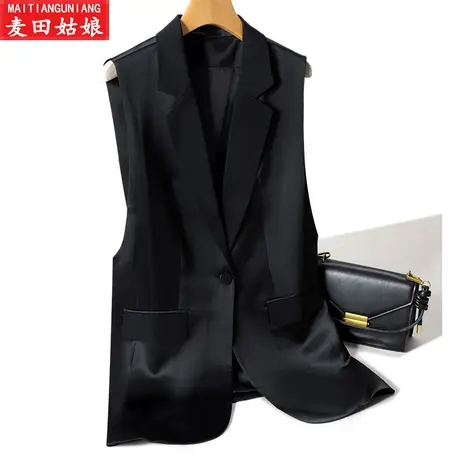 醋酸缎面拼接哑光马甲外套通勤无袖背心马夹2023年夏季新款女装潮图片
