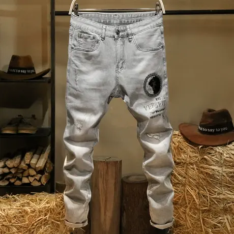 欧洲站高端大牌牛仔裤男款修身小脚裤潮牌破洞烫钻印花弹力长裤子商品大图