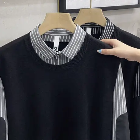 2023秋冬季新款条纹袖衬衫领假两件毛衣男韩版修身潮流针织打底衫商品大图