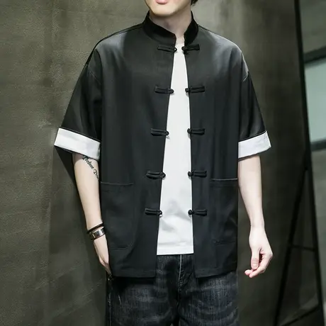 新中式唐装男士中国风大码冰丝短袖衬衫男款夏季盘扣中山立领衬衣商品大图