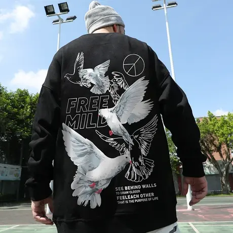 INS港风卫衣男圆领新款2023爆款大码男装欧美胖子潮流加绒秋冬季图片