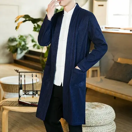 春秋复古风衣男中长款过膝休闲披风中国风对襟道袍红色长衫外套图片