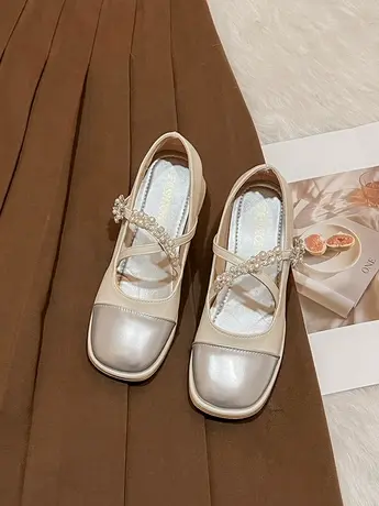 法式珍珠水钻方头一字扣带高跟鞋女2023年夏季新款粗跟玛丽珍单鞋图片