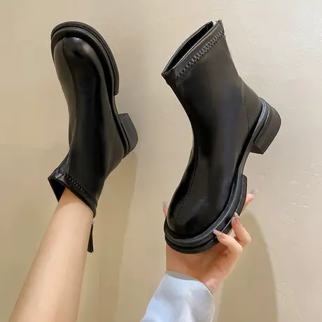 圆头厚底增高短靴女2023年秋冬季新款弹力瘦瘦靴加绒粗跟马丁靴子商品大图