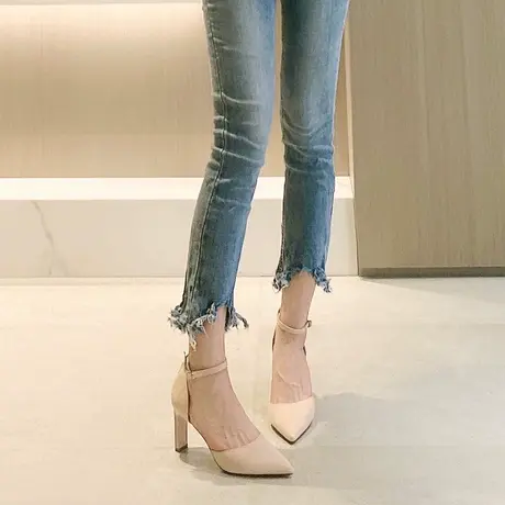 法式尖头高跟鞋女2023年新款一字带粗跟中空单鞋百搭舒适职业女鞋图片