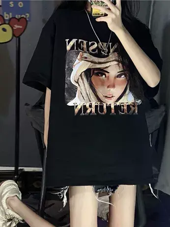 大码夏季新款胖mm美式短袖t恤女装宽松黑色半袖chic港味上衣200斤商品大图
