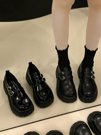 黑色玛丽珍小皮鞋女2024新款春秋厚底粗跟软底日系英伦风乐福单鞋商品大图
