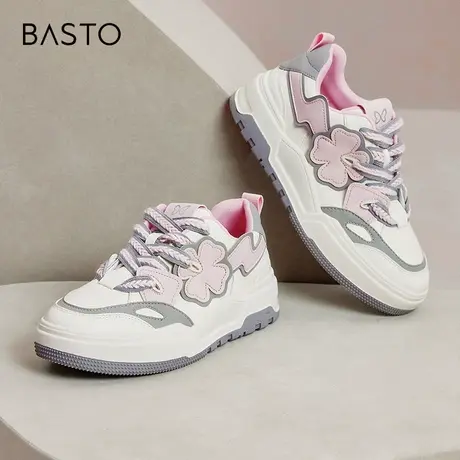 百思图春秋新款时尚花朵街头运动板鞋厚底女休闲鞋VRD02CM3商品大图