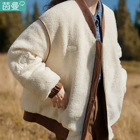 茵曼官方旗舰店羽绒服女短款2023冬季新款棒球服羊羔毛外套棉袄图片