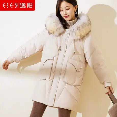 逸阳2023新款中长款羽绒服女反季清仓加厚小个子白鸭绒真毛领外套商品大图